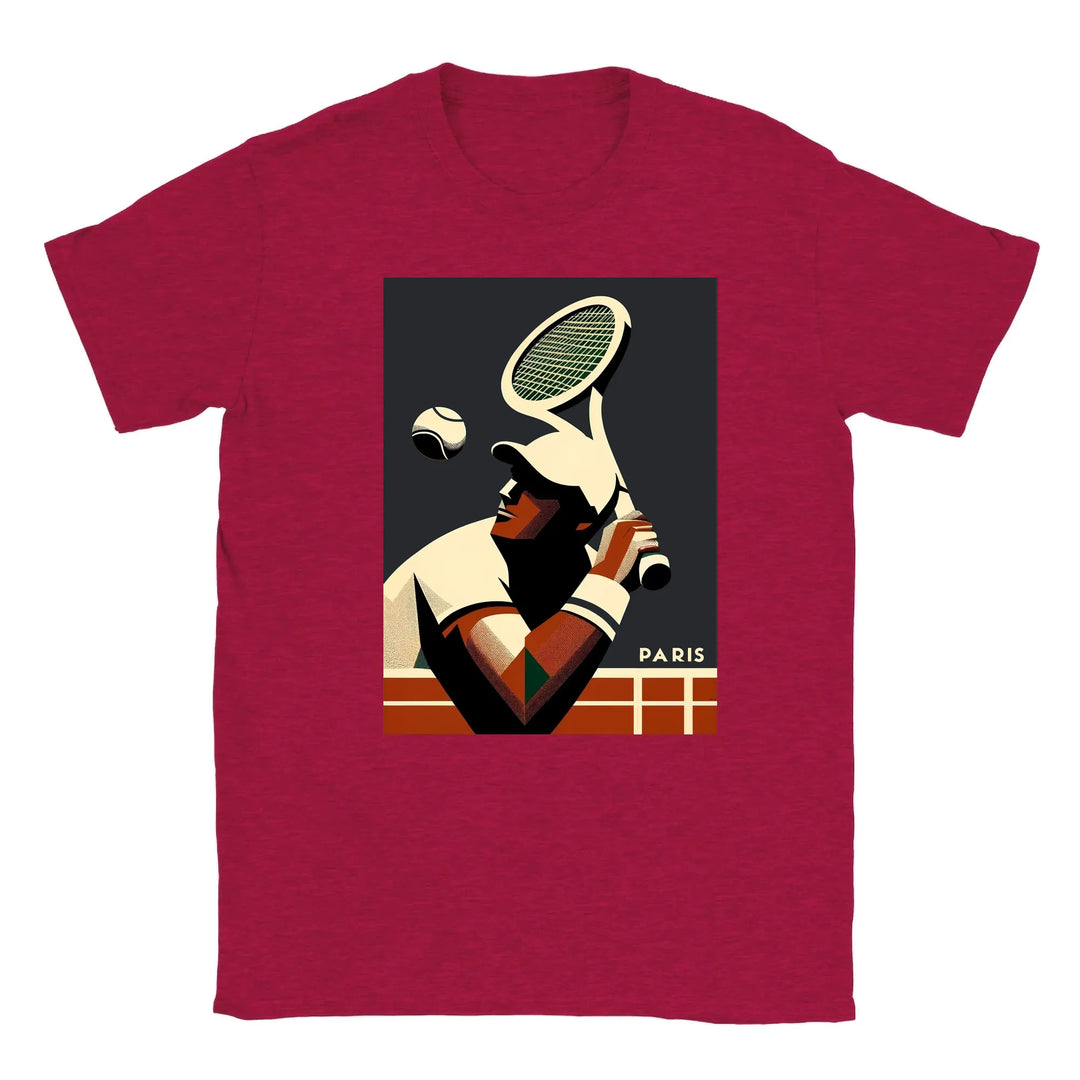 T-shirt featuring a graphic design of tennis elements and Paris landmarks