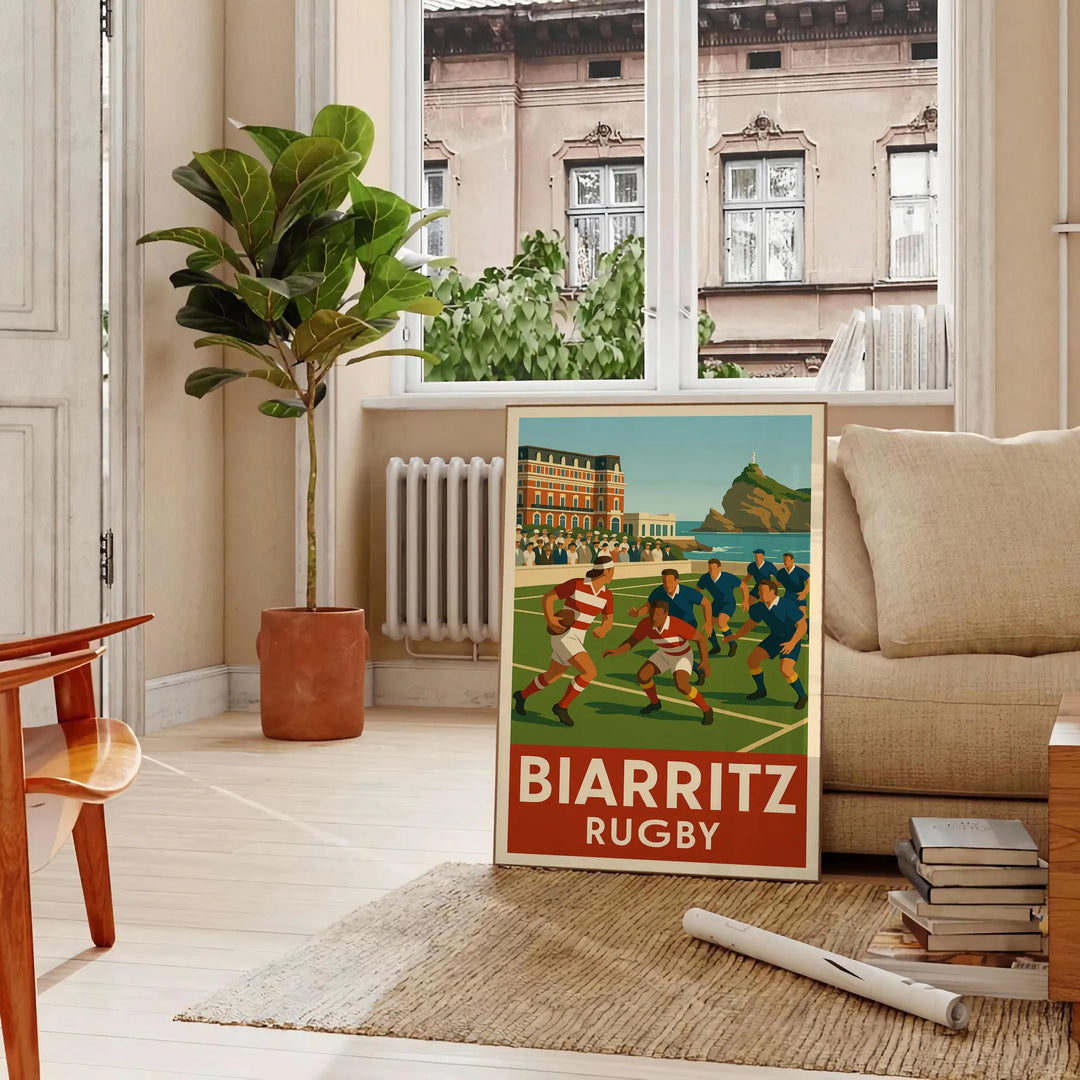 Biarritz rugby poster in vintage Art Deco style, dynamic player illustration