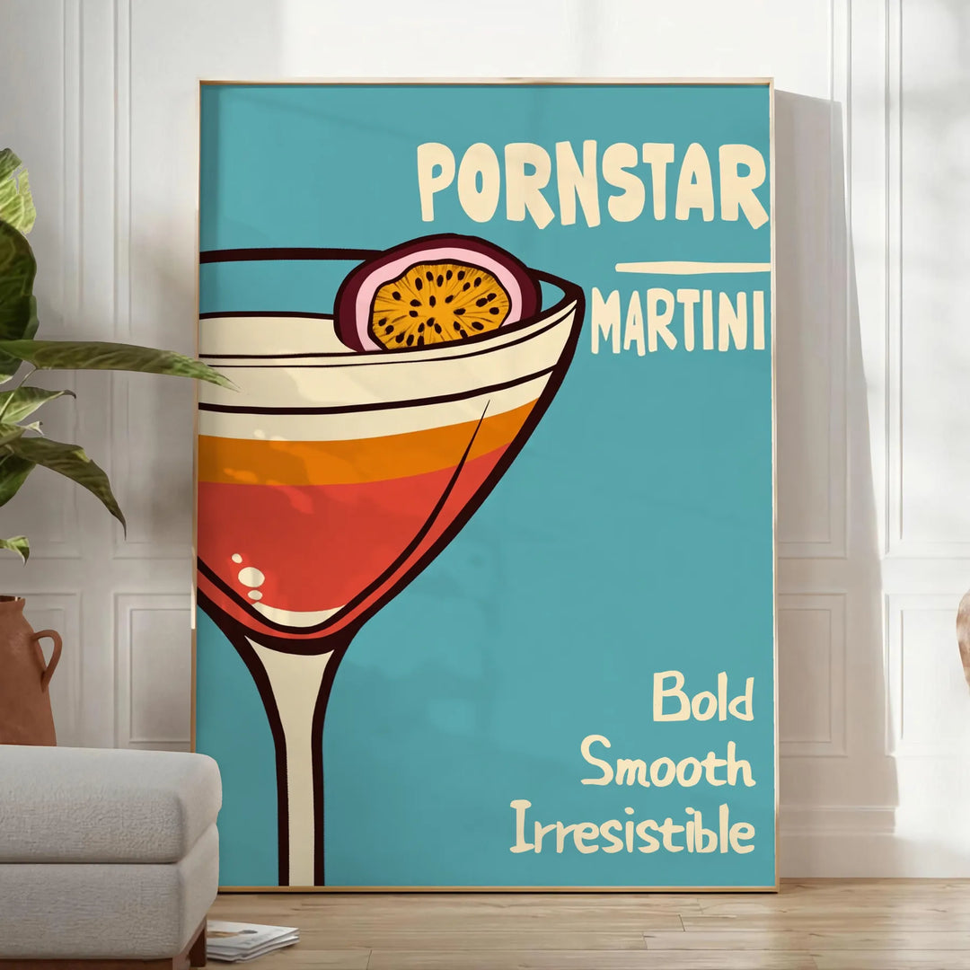 Black and brown Pornstar Martini cocktail poster, minimalist stylish illustration