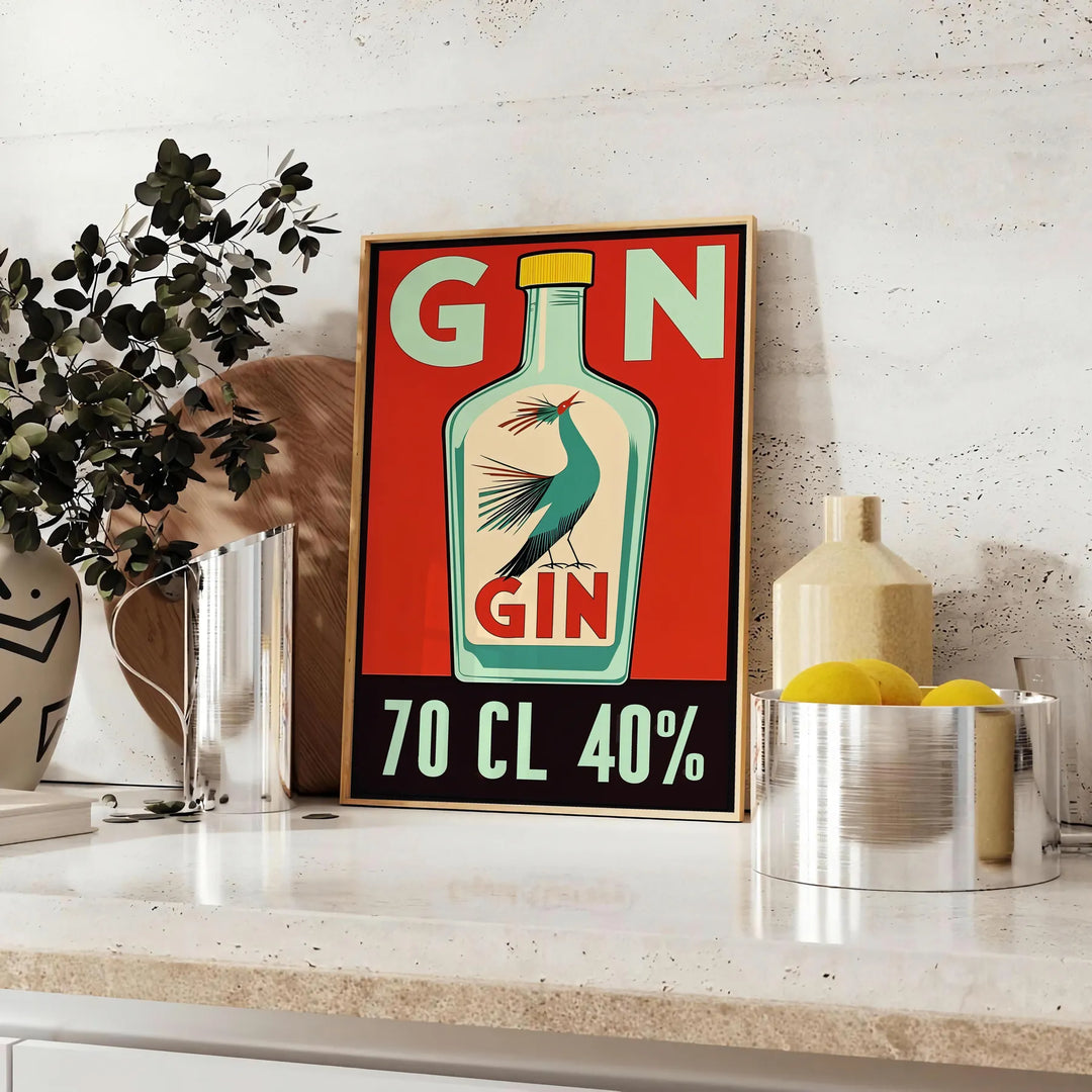 Retro minimalist illustration of a gin cocktail in orange and red hues