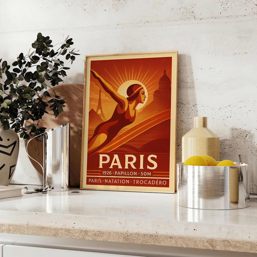 Brown and green swimming figure art poster, minimalist vintage-style illustration