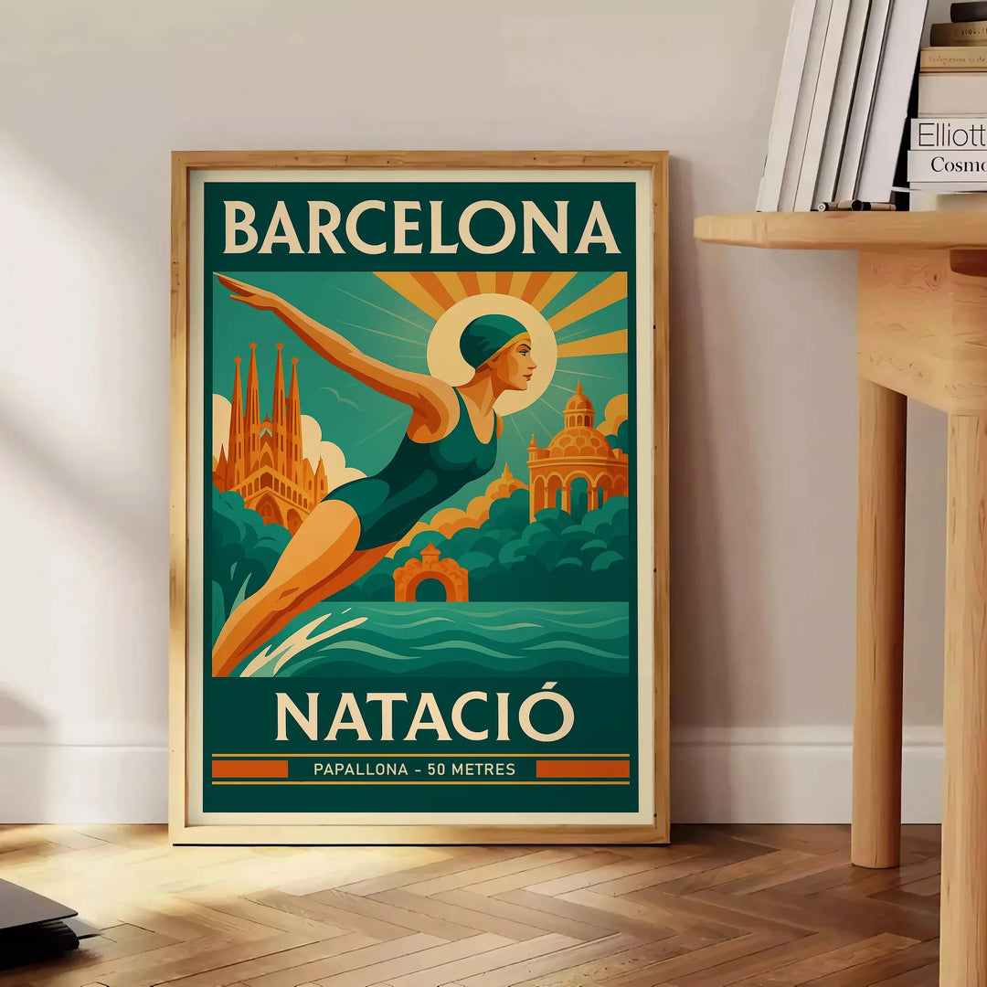 Swimmer diving in front of the Barcelona skyline, featuring yellow and green tones