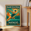 Swimmer diving in front of the Barcelona skyline, featuring yellow and green tones