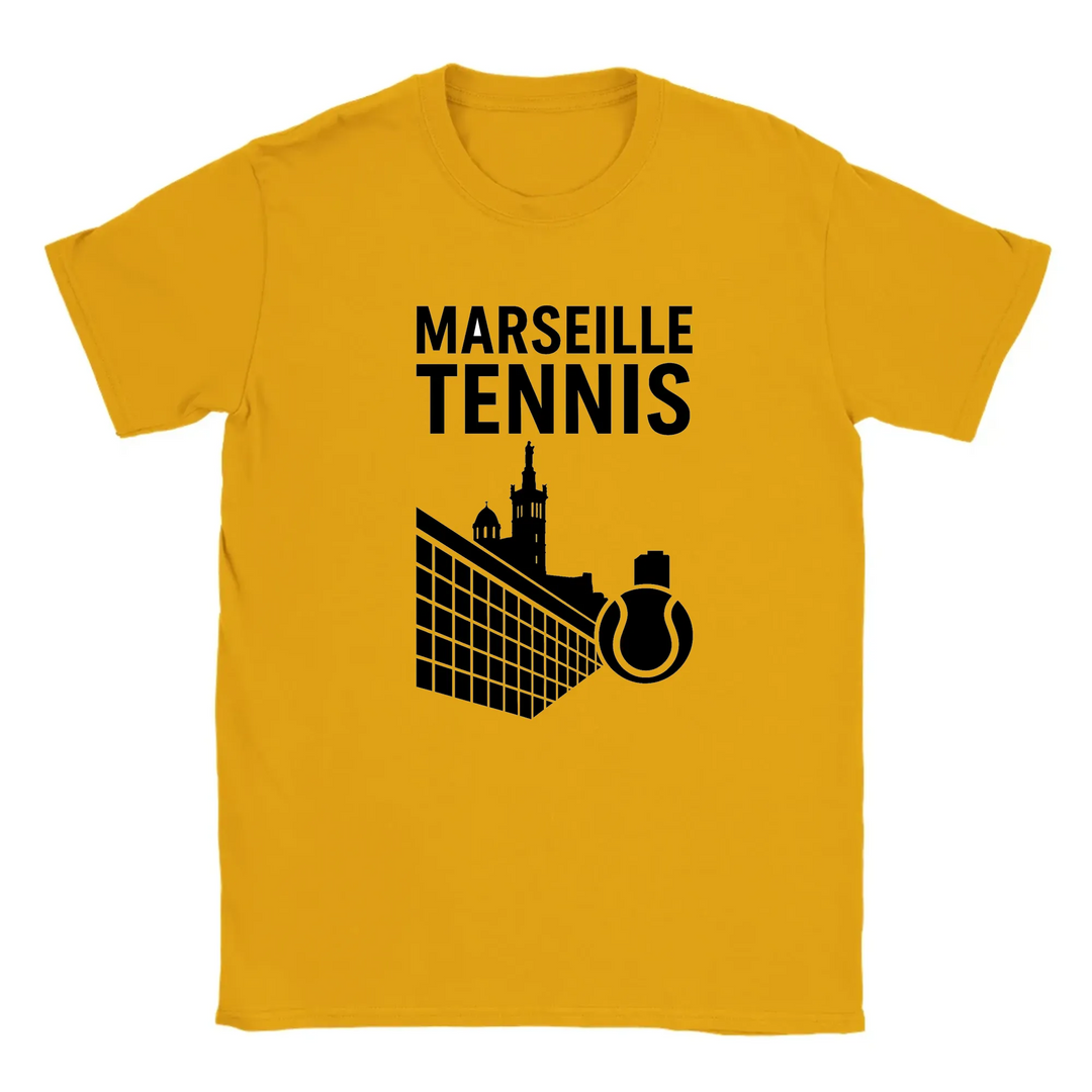 T-shirt featuring a graphic of tennis players in action with Marseille text