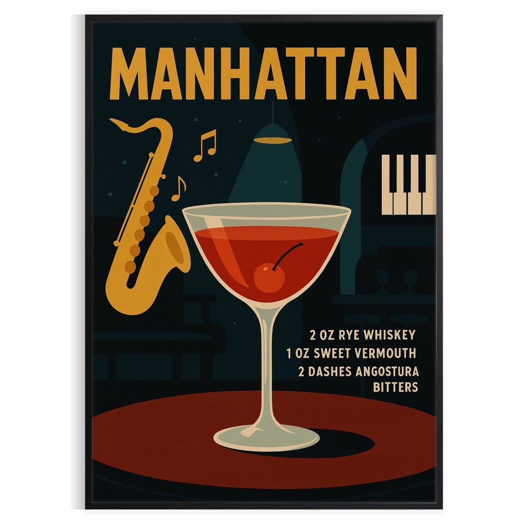 Black and gray Manhattan cocktail poster, minimalist bar illustration print