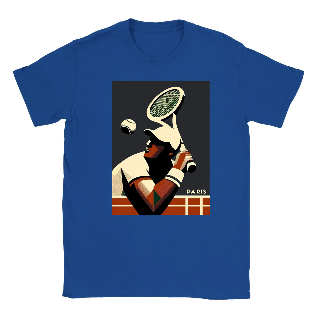 T-shirt featuring a graphic design of tennis elements and Paris landmarks
