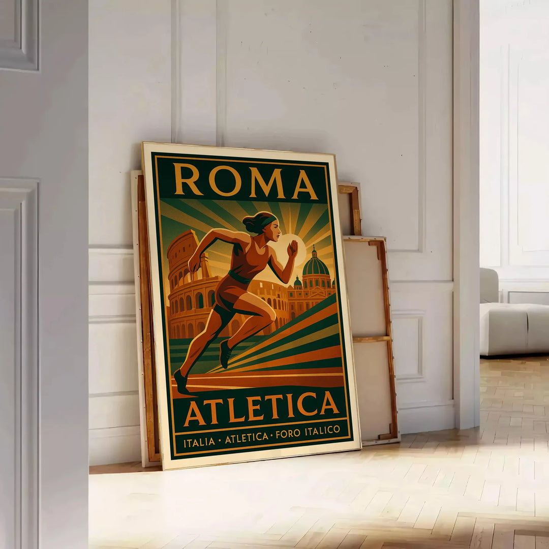 Athletic woman in vintage style with Rome skyline, yellow and brown tones