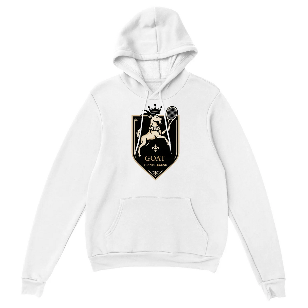 Hoodie with a graphic of a goat playing tennis, featuring bold colors