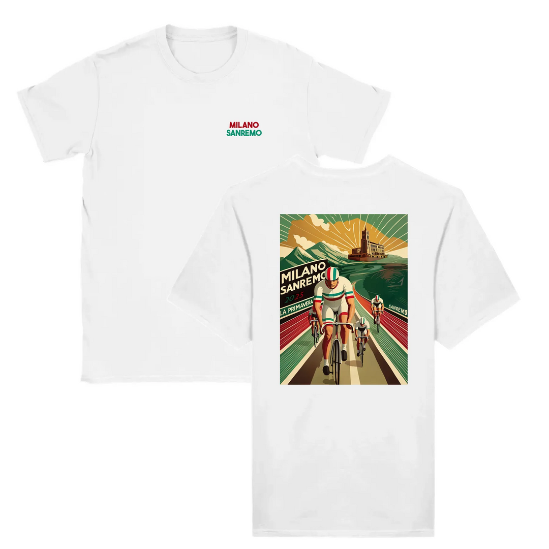 T-shirt featuring a graphic design inspired by the Milano Sanremo cycling race