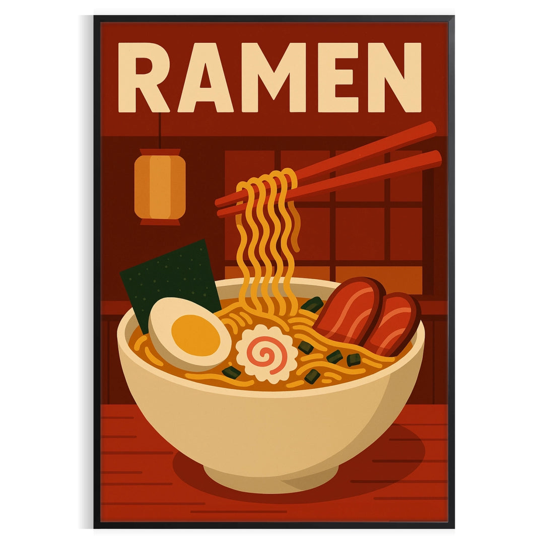 Green and black Japanese ramen kitchen poster, minimalist graphic bowl illustration