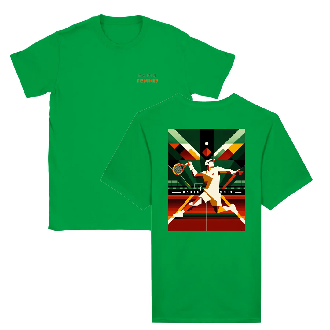 T-shirt featuring a graphic of tennis rackets and a ball with Paris skyline