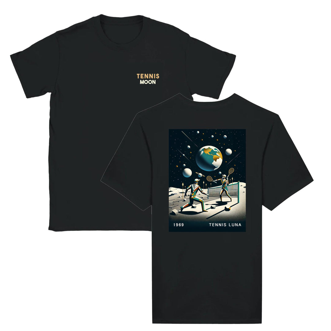 T-shirt featuring a graphic of a tennis ball and moon
