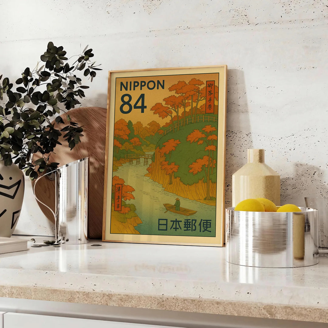 Autumn river scene in Japanese stamp style with brown and green hues