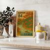 Autumn river scene in Japanese stamp style with brown and green hues
