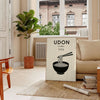 Stylized udon noodle bowl with chopsticks, orange and black graphic art
