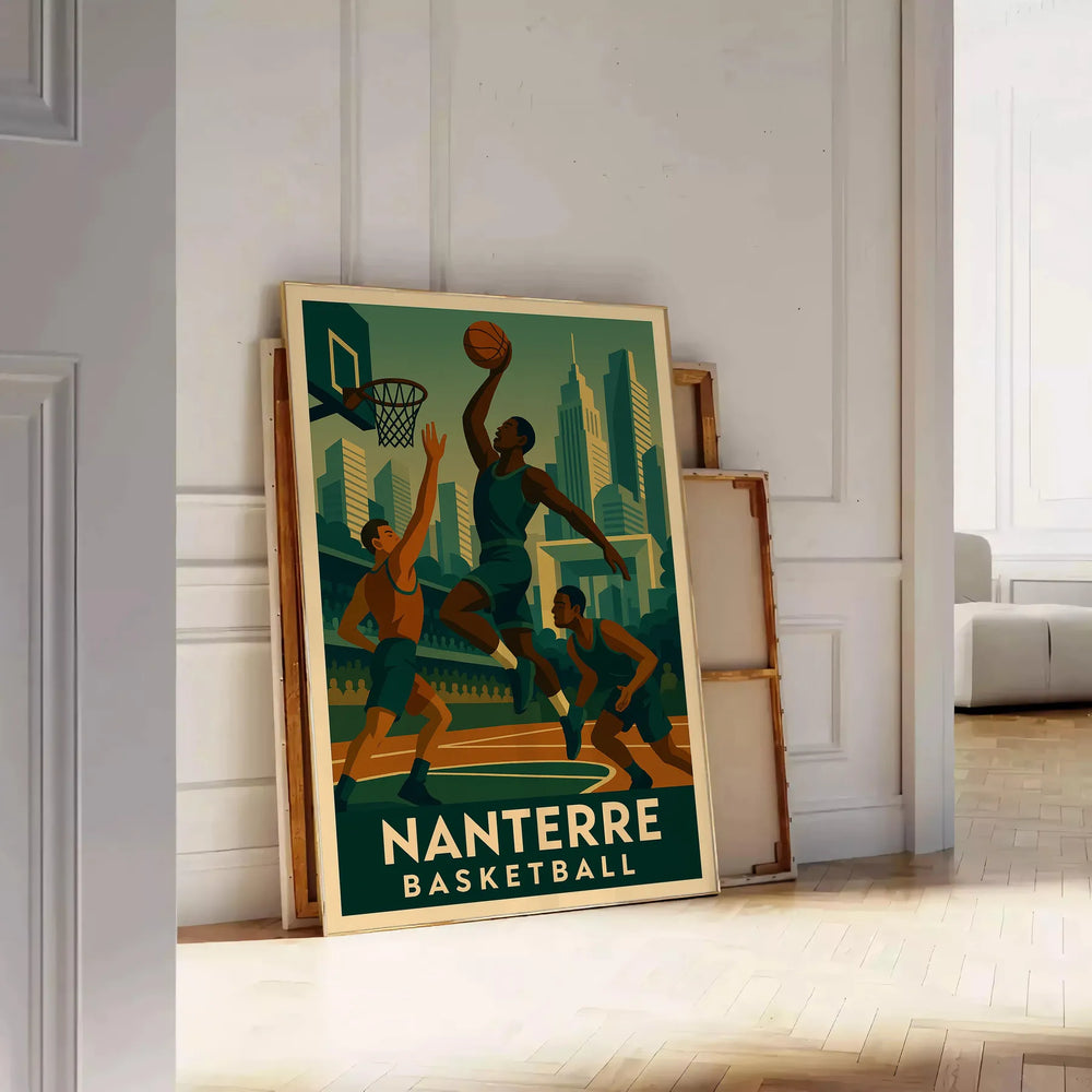 Nanterre basketball poster, vintage Art Deco style with bold graphic design