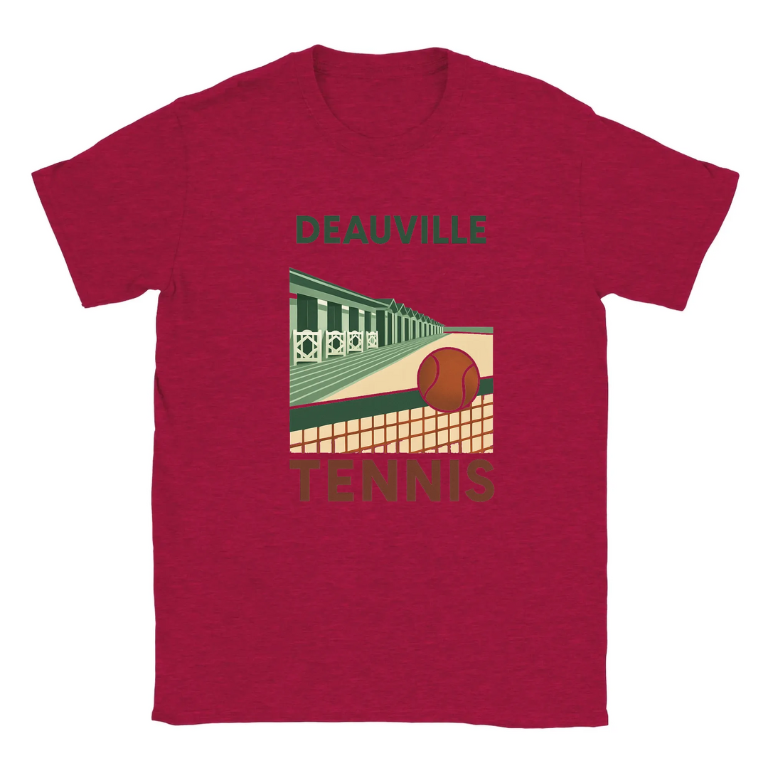 T-shirt featuring a graphic of tennis rackets and balls with Deauville text