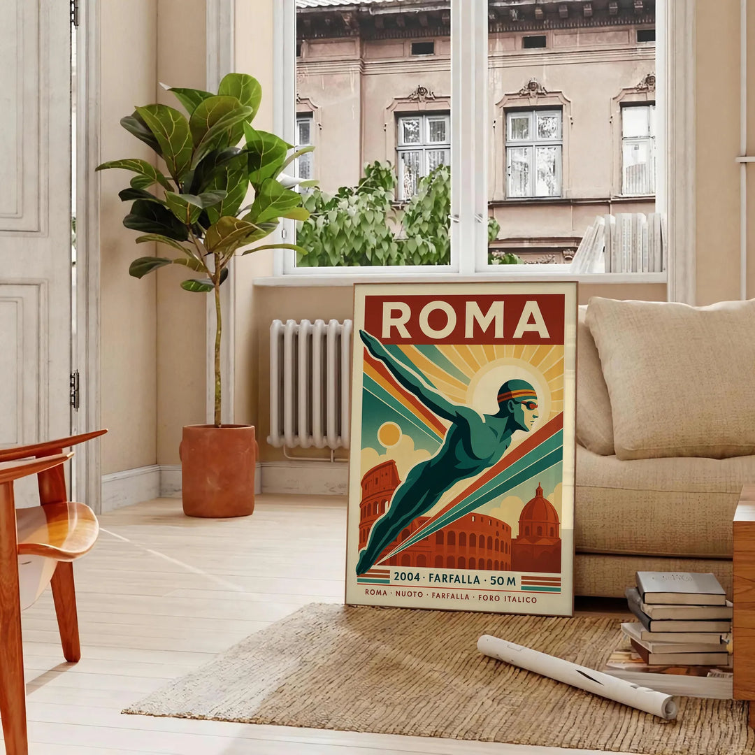Poster of swimmers near Rome ruins in red, blue and white