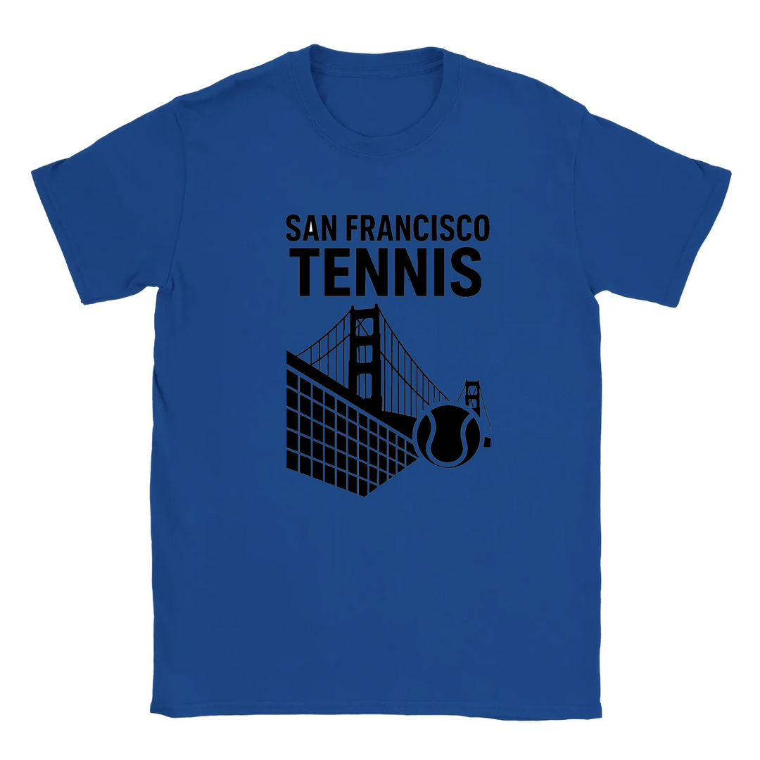 T-shirt featuring a graphic of San Francisco's iconic skyline with tennis elements