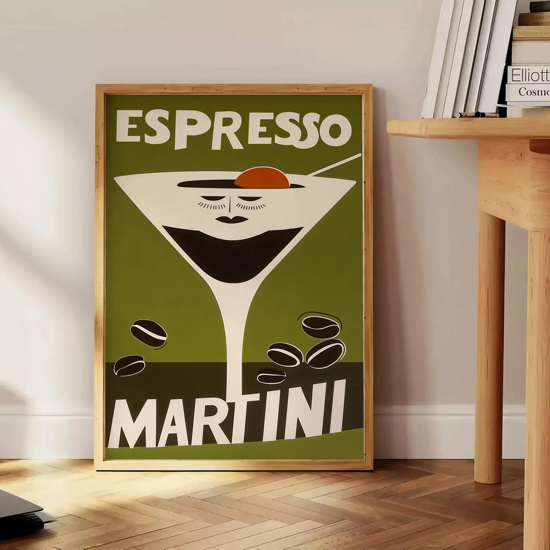 Illustrazione di un cocktail Espresso Martini in colori arancione e verde