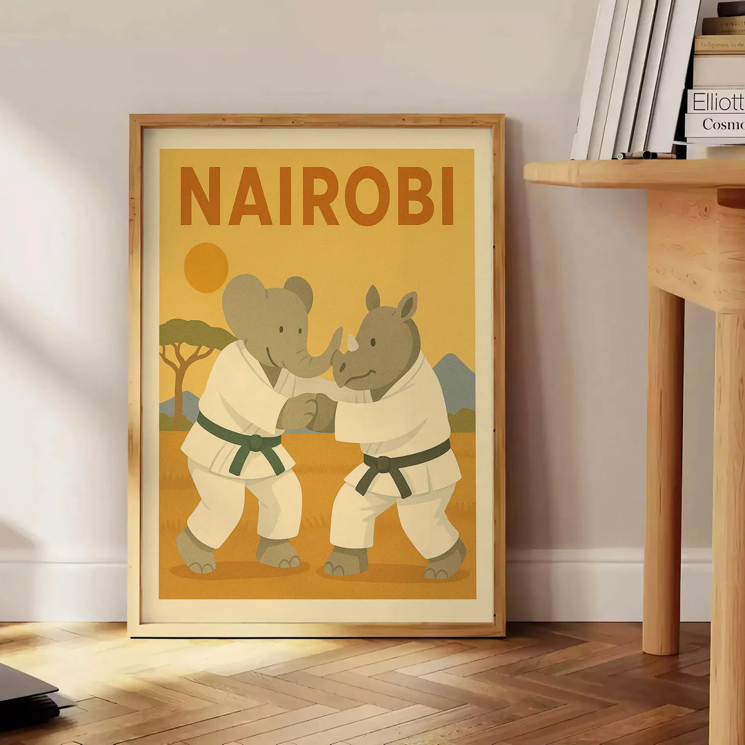 Playful elephant and rhinoceros practicing judo in Nairobi, featuring gray and green tones