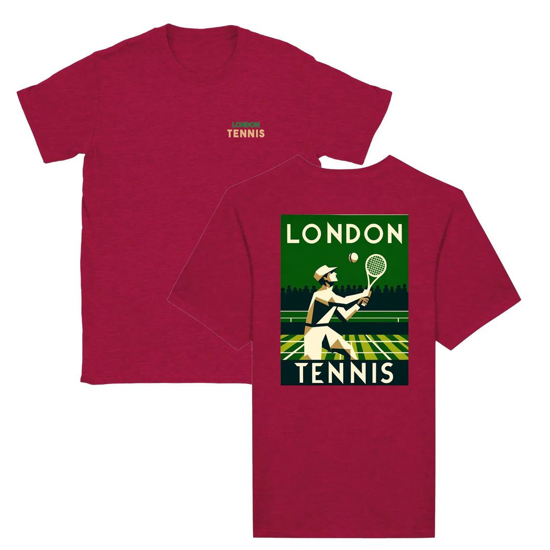 T-shirt featuring a graphic of tennis rackets and a ball in a dynamic design