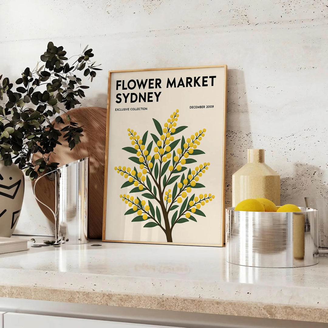 Vintage botanisk illustration av en blomstermarknad i Sydney med frodiga gröna och gula nyanser