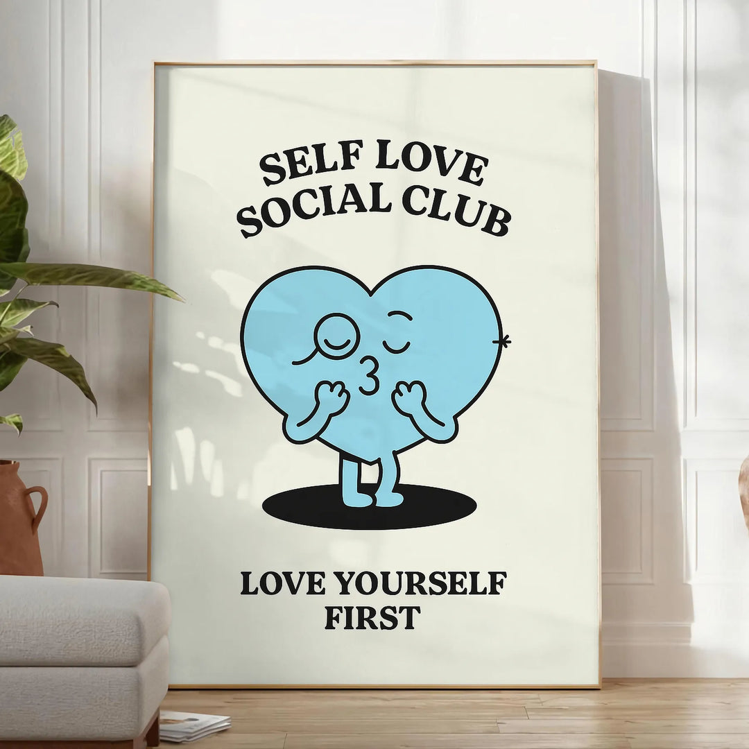 Svartvitt typografiskt mönster med 'Self Love Social Club' i minimalistisk stil