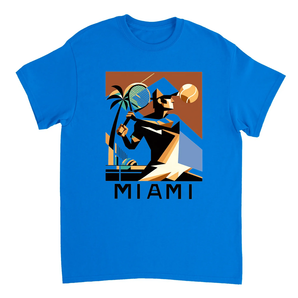 T-shirt featuring a tennis player in action against a Miami skyline