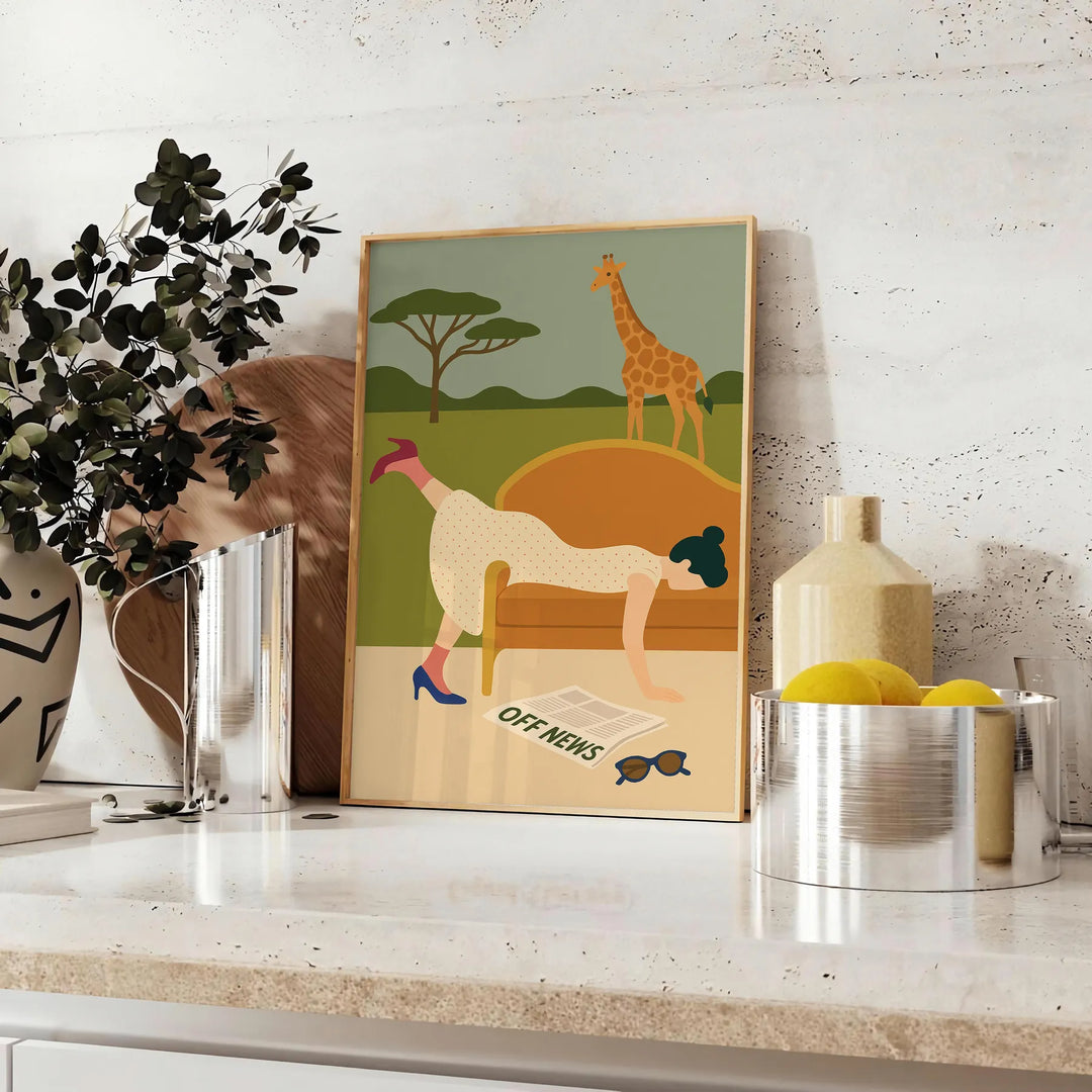 Poster showing a minimalist relaxed scene in brown and green, motivational