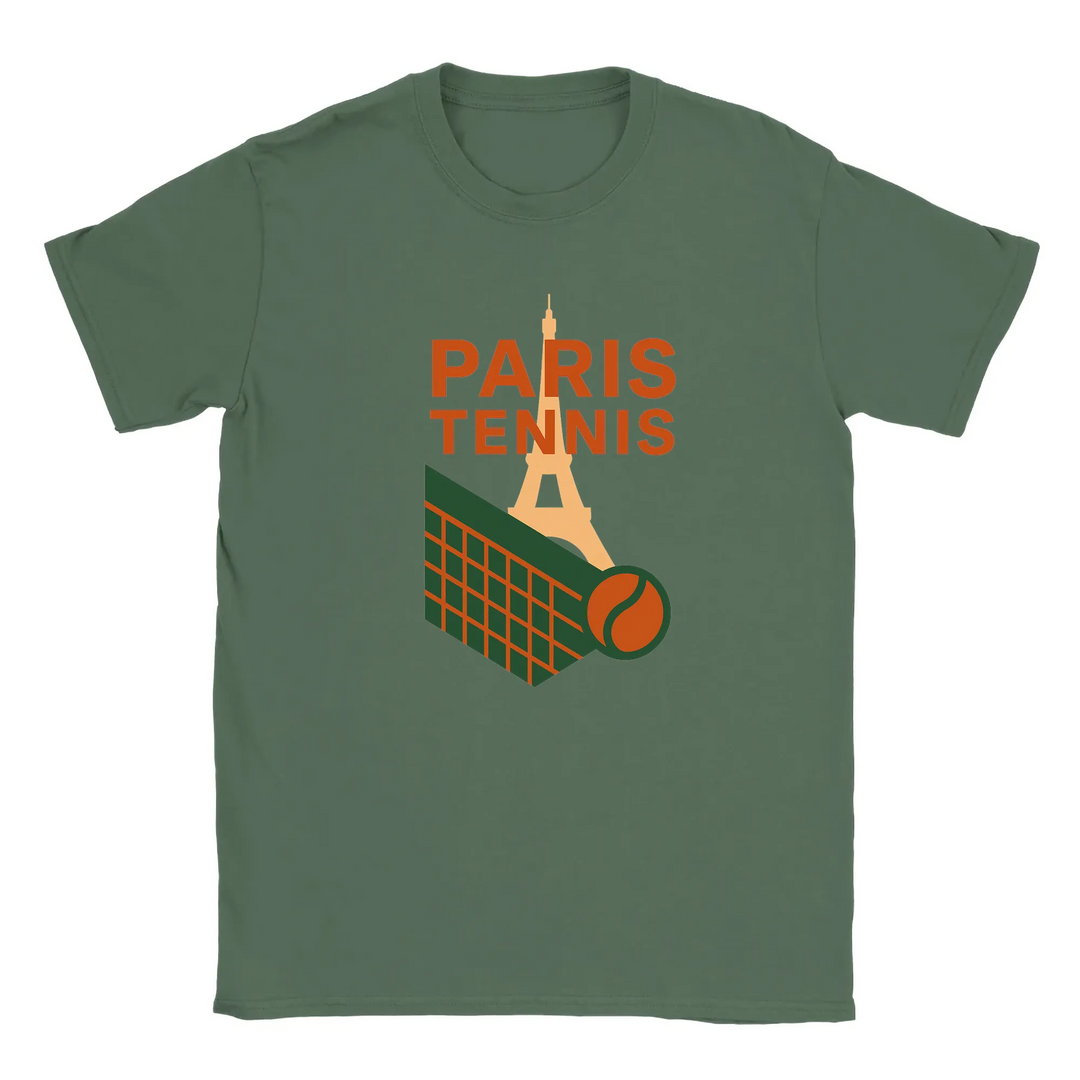 T-shirt featuring a graphic of the Eiffel Tower and a tennis racquet