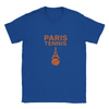 T-shirt featuring a graphic of tennis rackets and a ball with Paris landmarks
