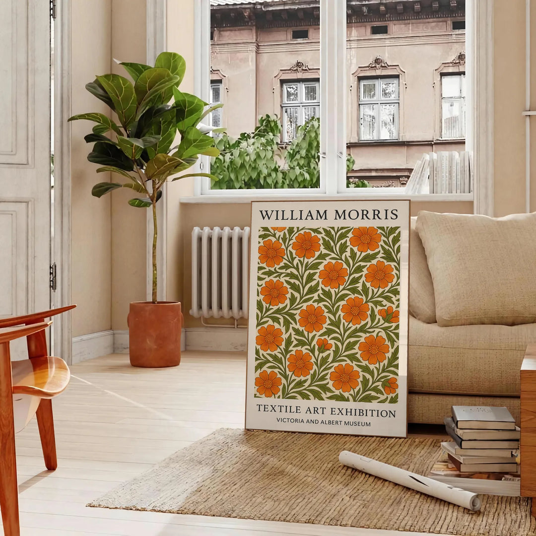 William Morris botanical design featuring intricate floral patterns in orange and green
