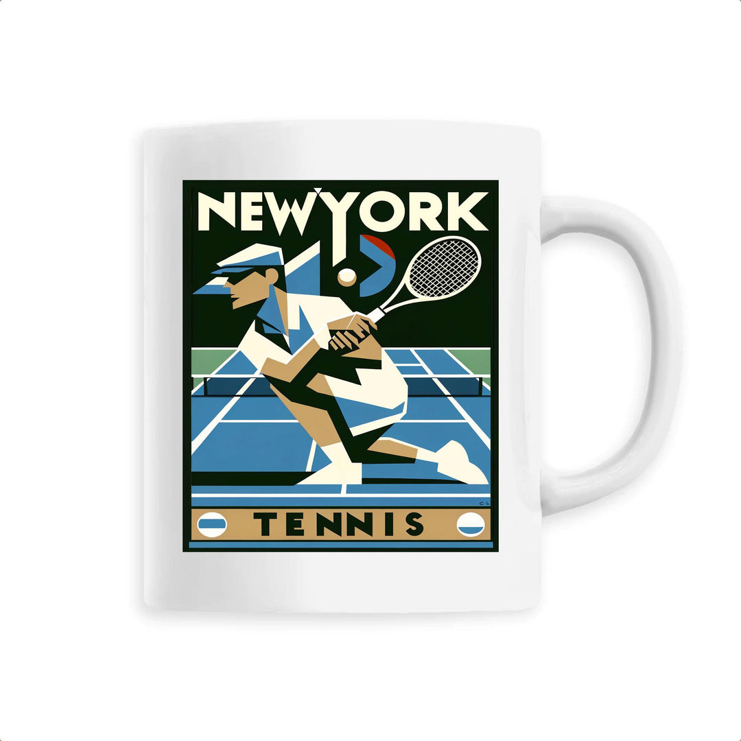 Ceramic mug featuring New York tennis graphic and city-inspired design