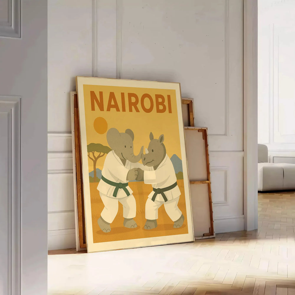 Playful elephant and rhinoceros practicing judo in Nairobi, featuring gray and green tones