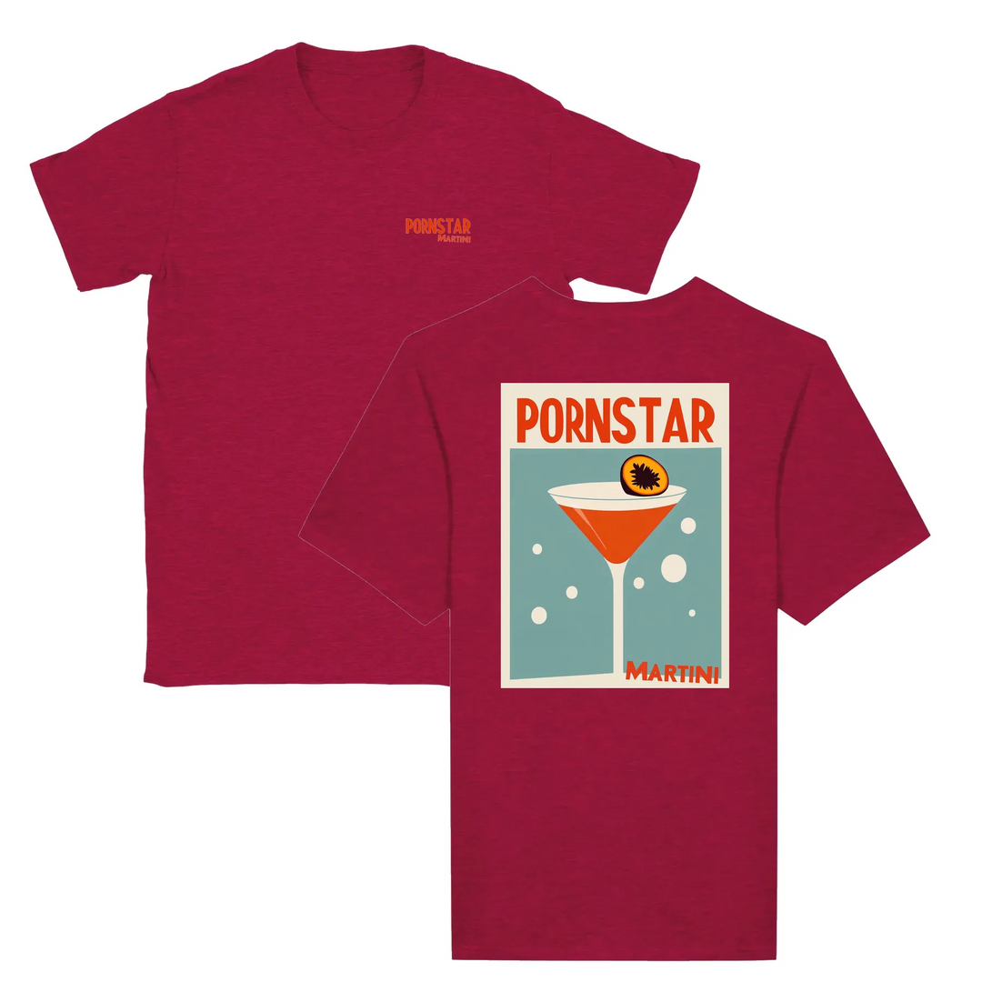 T-shirt featuring a graphic of a Pornstar Martini cocktail
