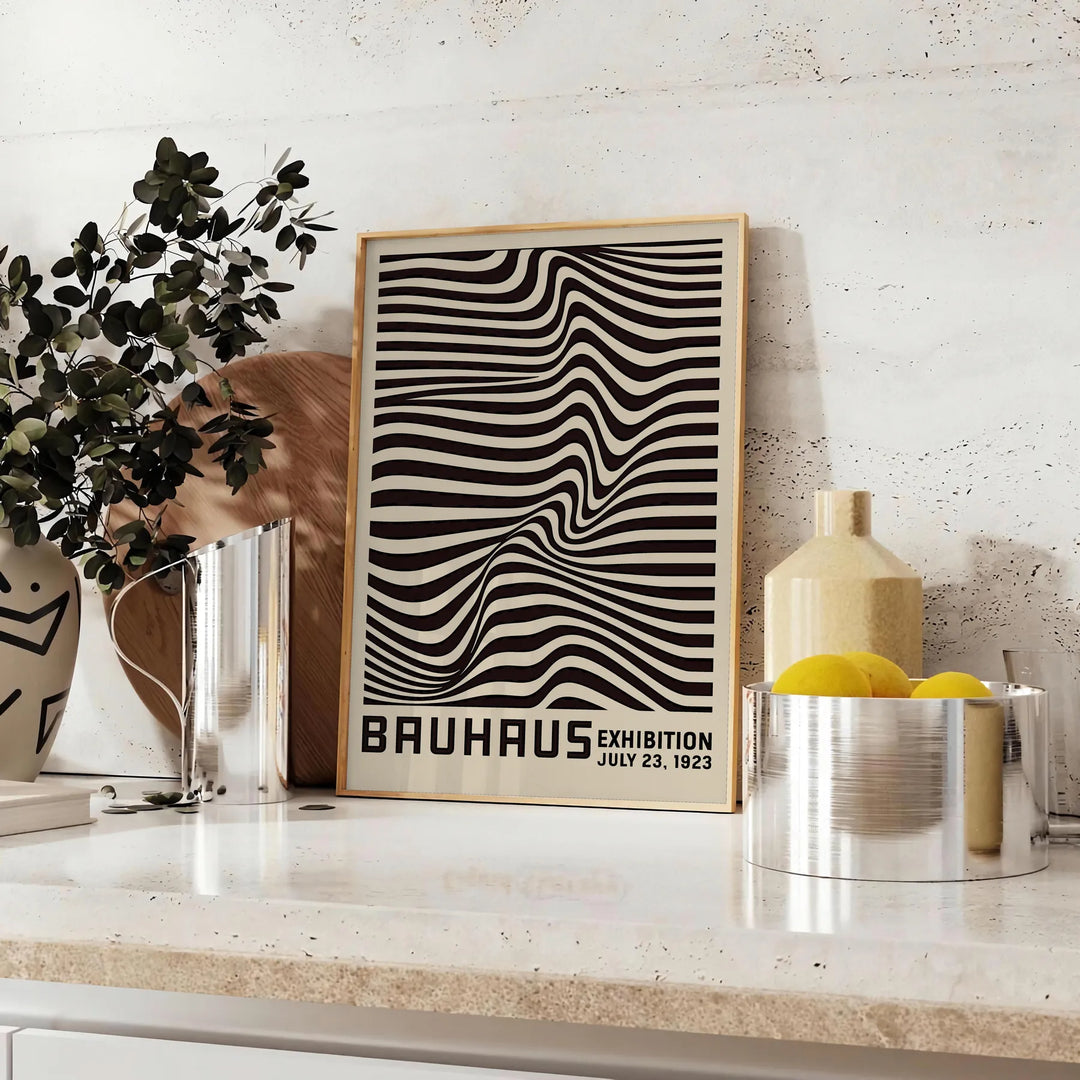 Minimalist poster featuring black lines on a gray background, inspired by Bauhaus design
