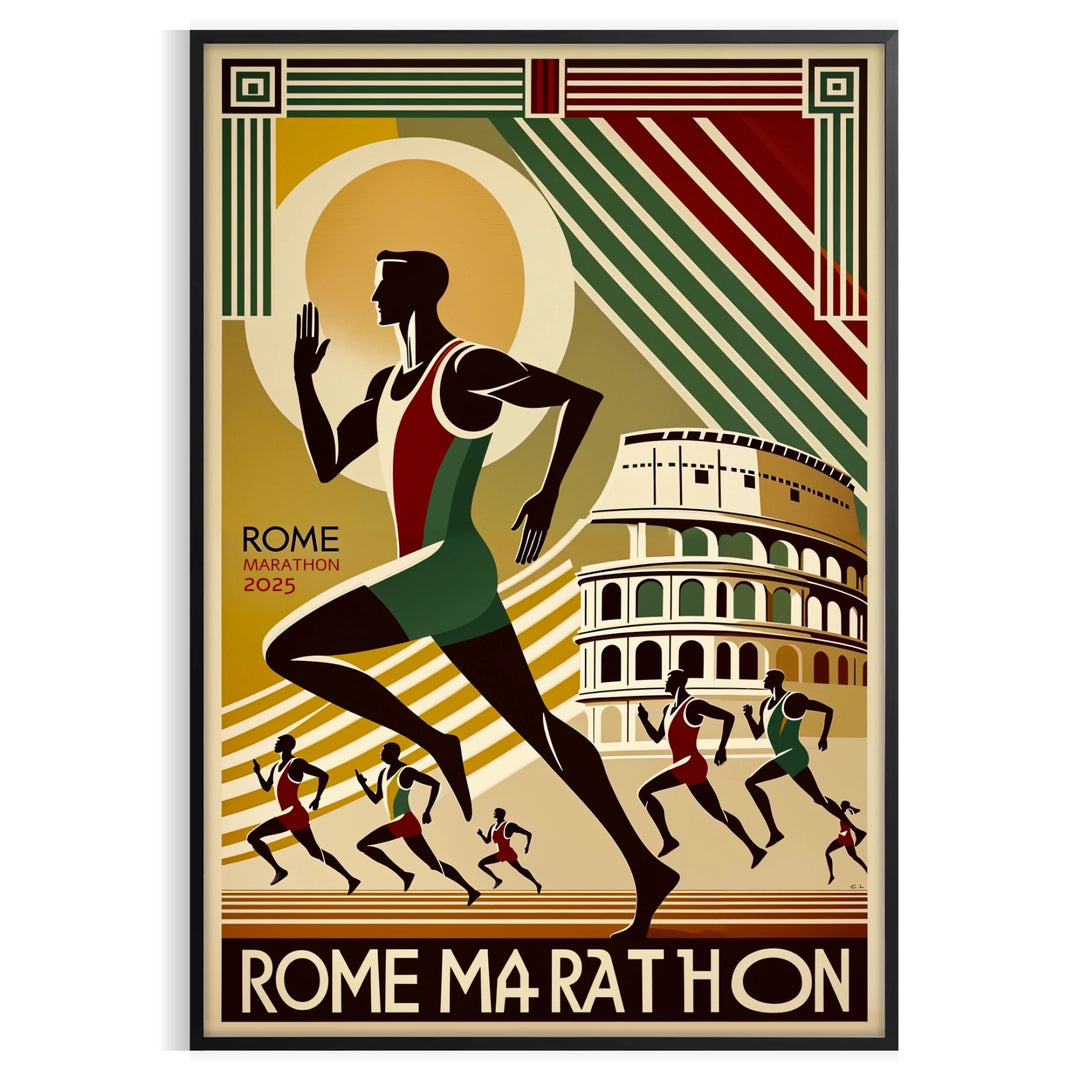 Brown and green Rome Marathon poster showing stylized runners and skyline