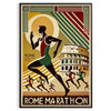 Brown and green Rome Marathon poster showing stylized runners and skyline