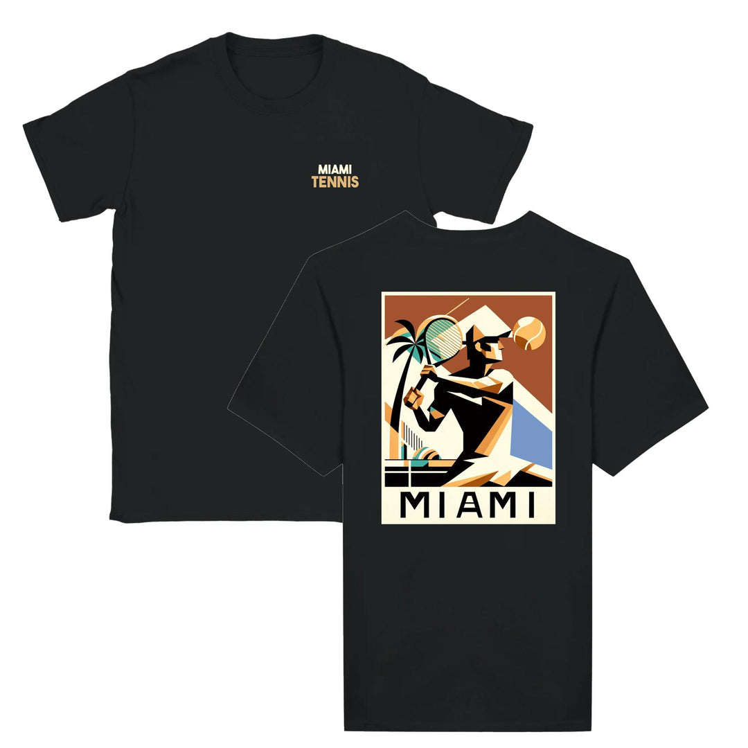 T-shirt featuring a graphic of a tennis player in action against a Miami skyline
