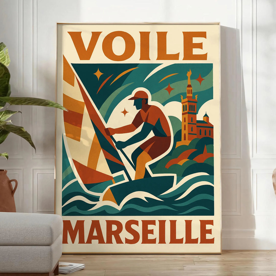 Minimalistisches Poster eines Segelboots in Marseille mit Blau- und Grüntönen