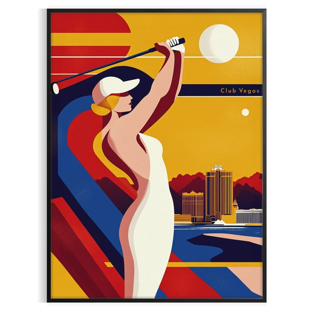 vintage Art Deco golf scene with orange and blue tones in Las Vegas