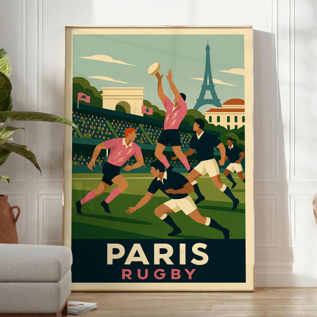 Vintage Art Deco poster of rugby scene in Paris, decorative print