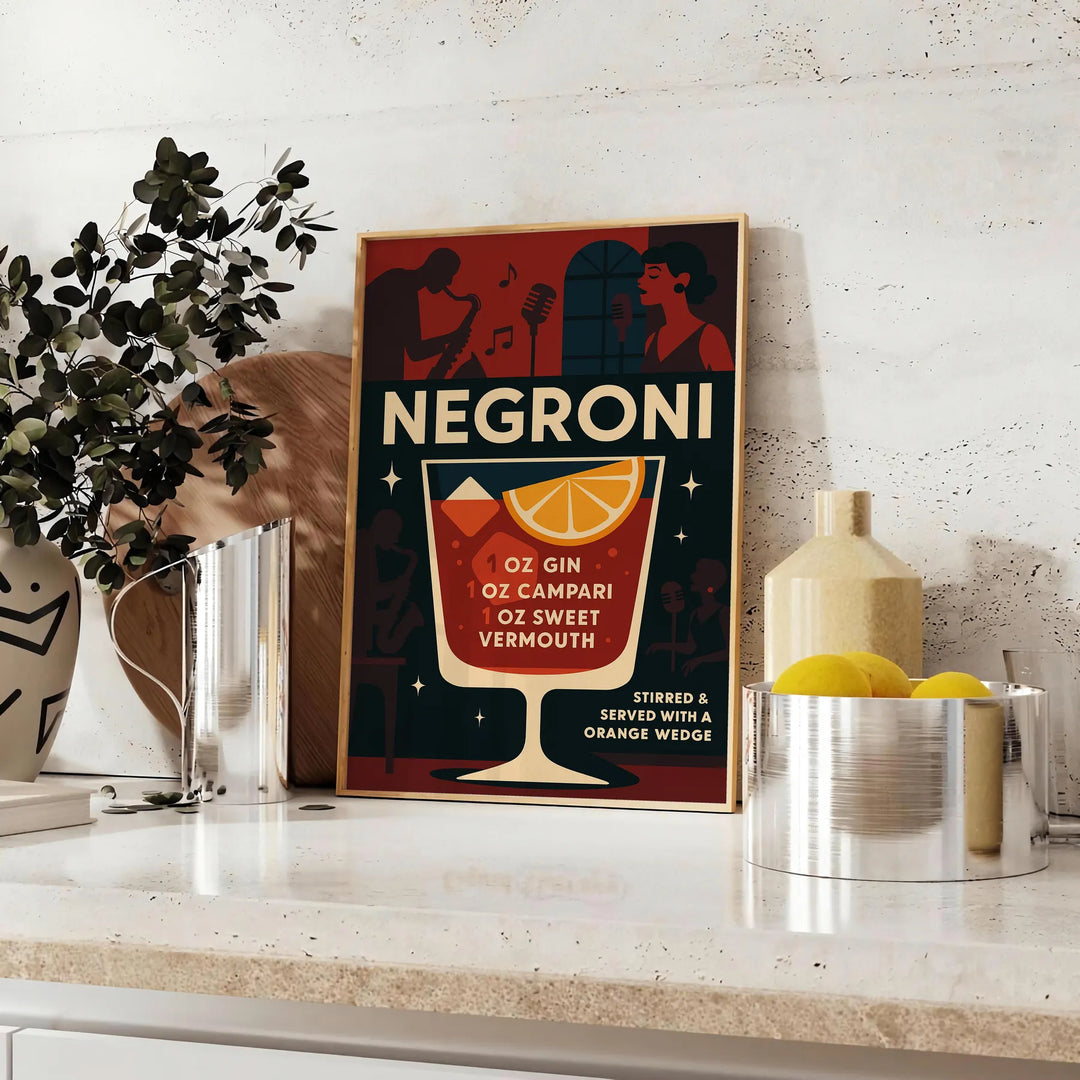 Poster of a minimalist Negroni cocktail illustration in black and gray.