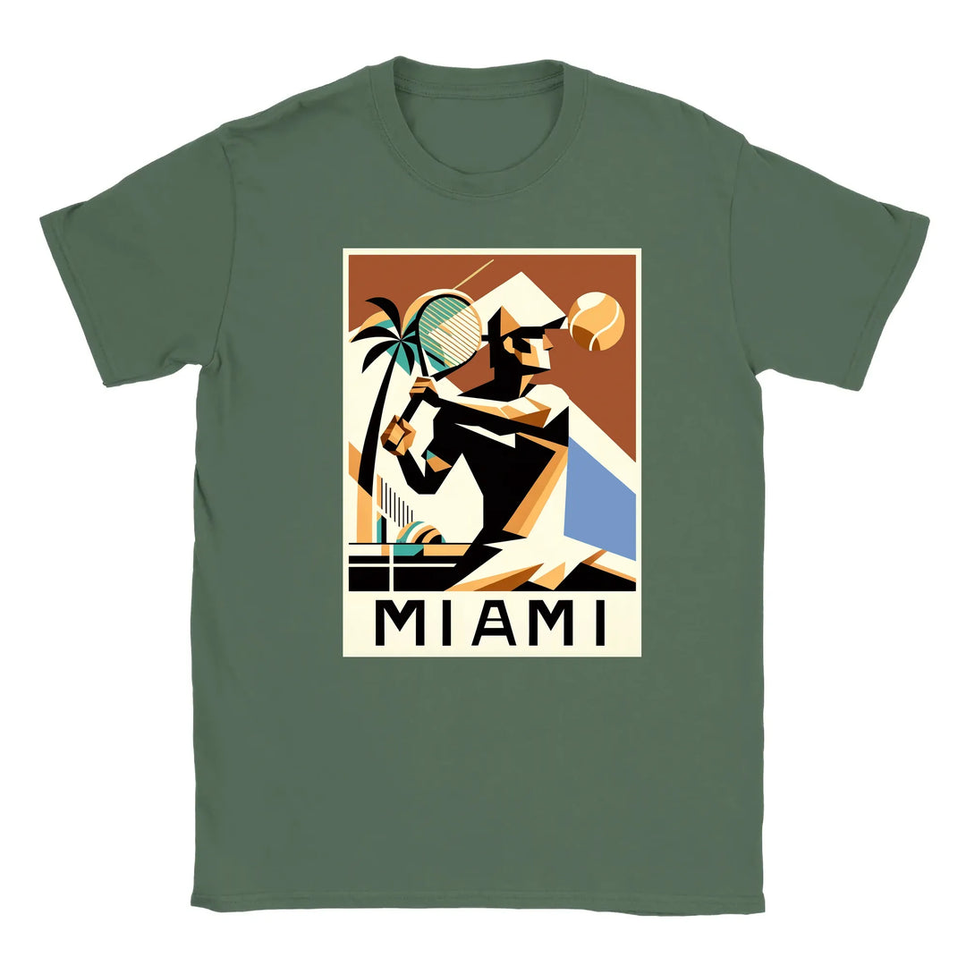 T-shirt featuring a graphic of tennis rackets and a Miami skyline