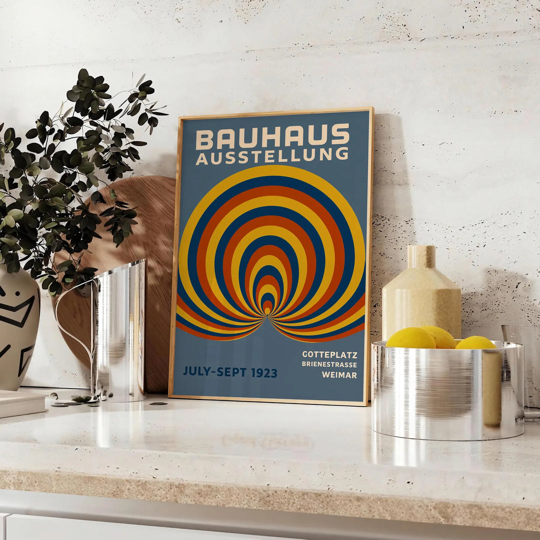 Bauhaus poster featuring abstract blue and green circular geometric design