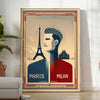Stylized football match poster featuring Paris, Milan, and Munich on May 31, 2025