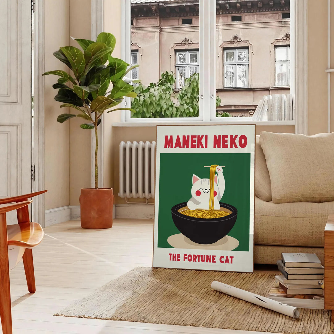 Green and gray Maneki Neko poster for kitchen, minimalist Japanese illustration