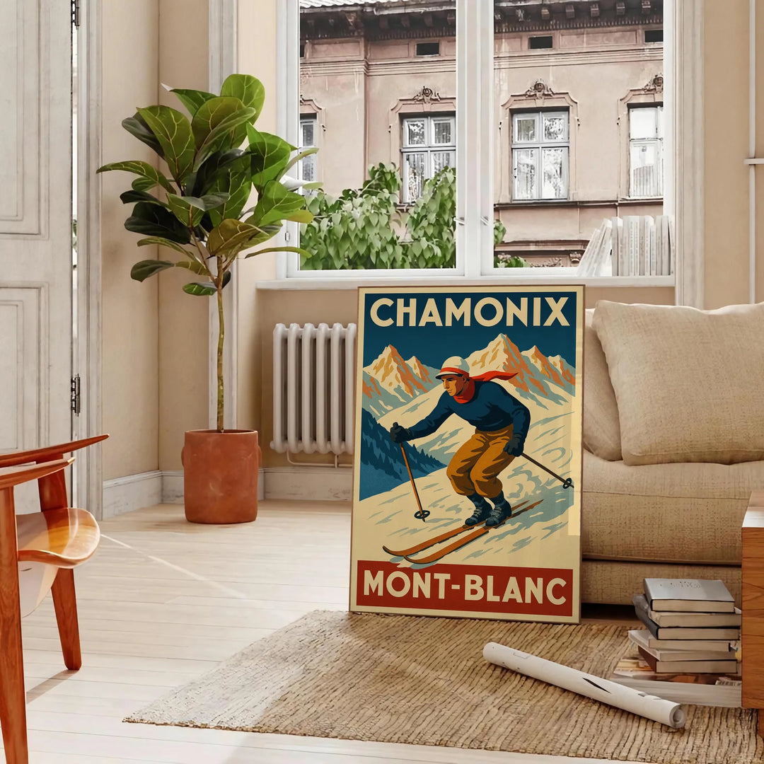 Vintage ski scene featuring Mont Blanc in white, brown, and red hues