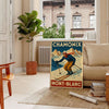 Vintage ski scene featuring Mont Blanc in white, brown, and red hues